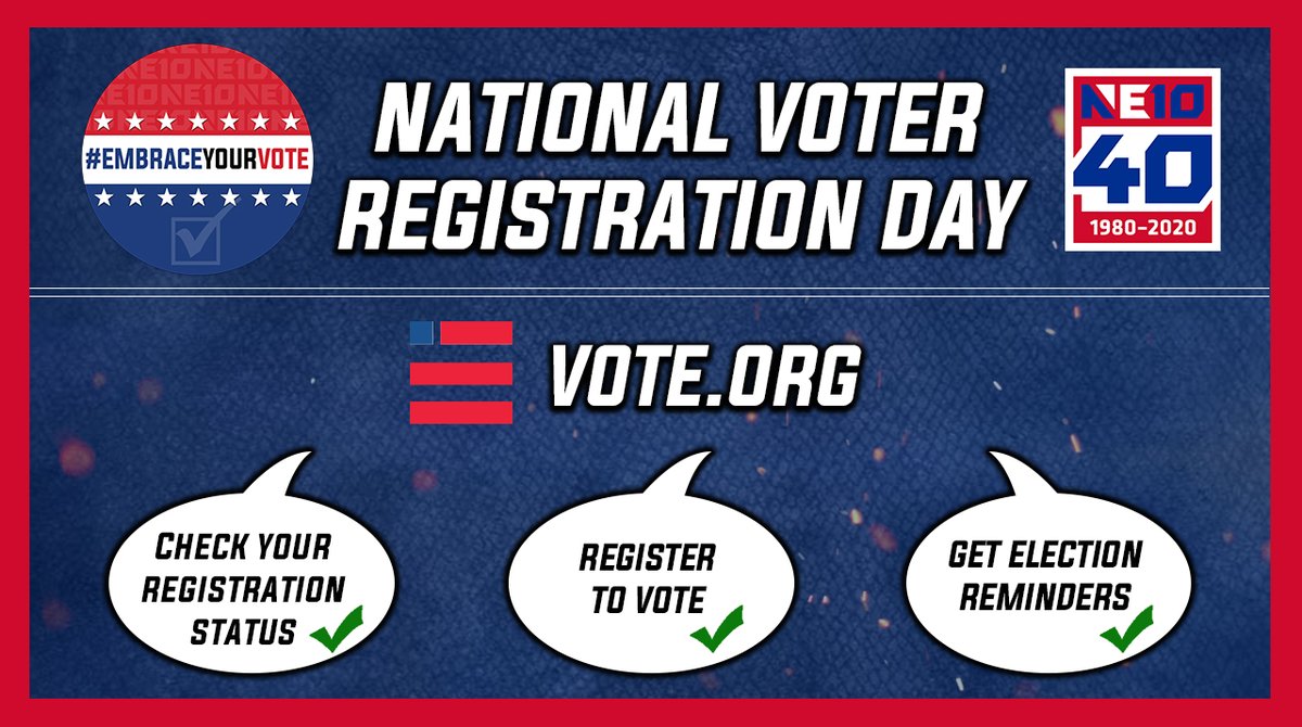 Our #EMBRACEyourVOTE campaign continues with <a href="/NatlVoterRegDay/">National Voter Registration Day</a>! 

For registration information and deadlines in all 50 states, visit vote.org 🇺🇸. How many of our NE10 programs are 100% registered to vote? Share your 📸!
