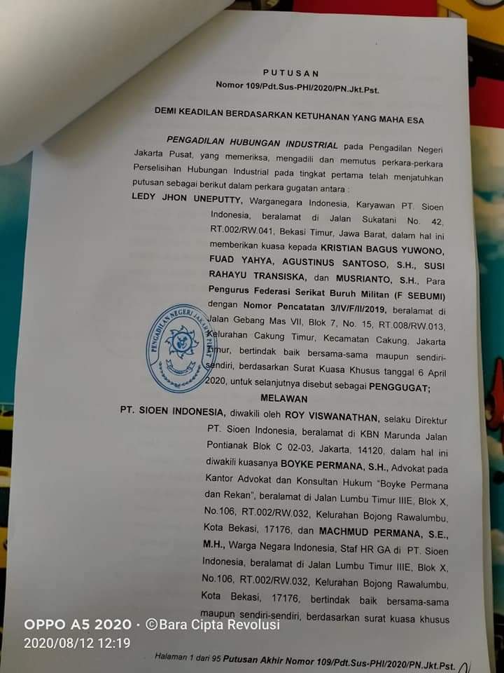 Musri_SEBUMI's tweet image. #SioenIndustries owners (PT. Sioen Indonesia) are more violent than the Covid 19 virus, because they do not comply with labor laws in Indonesia that have been decided by a panel of judges.
