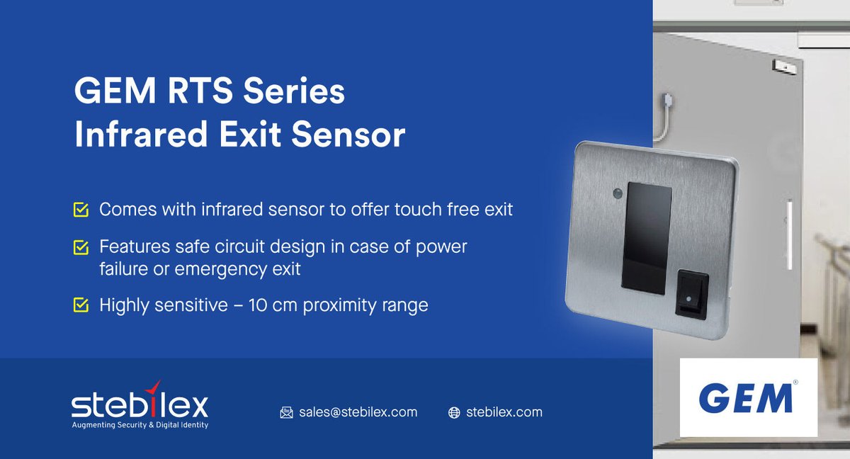 StebliexSystems's tweet image. The GEM RTS Series exit sensors feature a 10 cm proximity range to offer touchless operation. The exit sensor comes with an infrared sensor that adapts to any environment in an European size and ANSI size faceplate.
#GemGianni #touchless #exitbutton Reach us: sales@stebilex.com