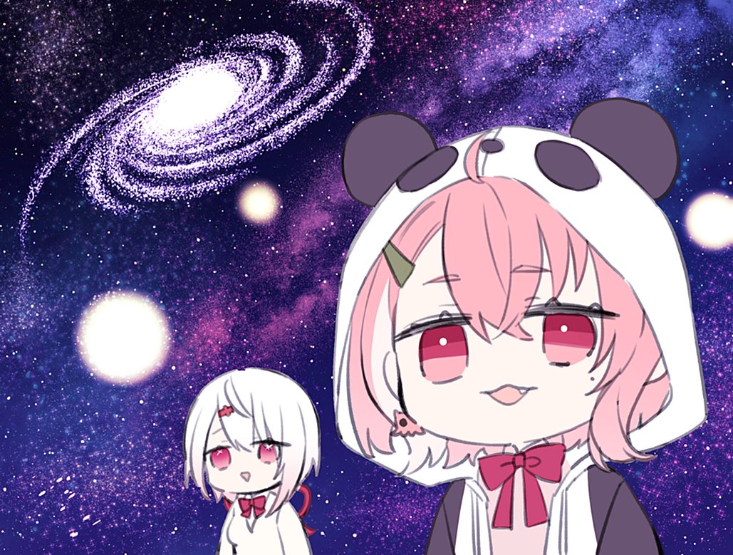 sasaki saku ,shiina yuika multiple girls 2girls animal hood hood panda ears pink hair fang  illustration images
