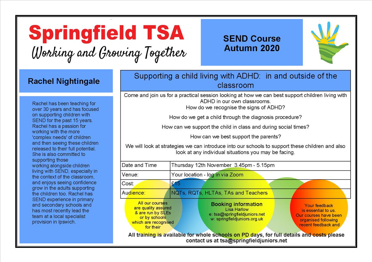 On Thursday 12th November we are holding a dedicated Zoom training session looking at how best to support children living with ADHD. For further details please see the attached information. To book email TSA@springfieldjuniors.net
#NQT
#TeacherCPD #Teachers #teachertraining