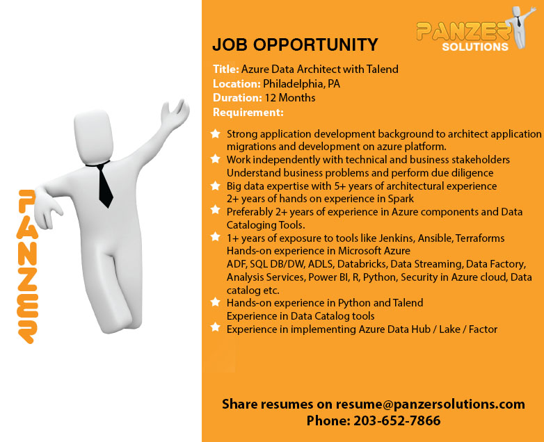 panzersolution's tweet image. Job Title: Azure Data Architect with Talend
Location: Philadelphia, P.A.
Share resumes on resume@panzersolutions.com
Or for more info click on the below link

panzersolutions.com/view_job_oppor…

#PanzerSolutions #AzureDataArchitect #Talend #Azure #Data #Architect #Talend #Jobs #Latestjobs