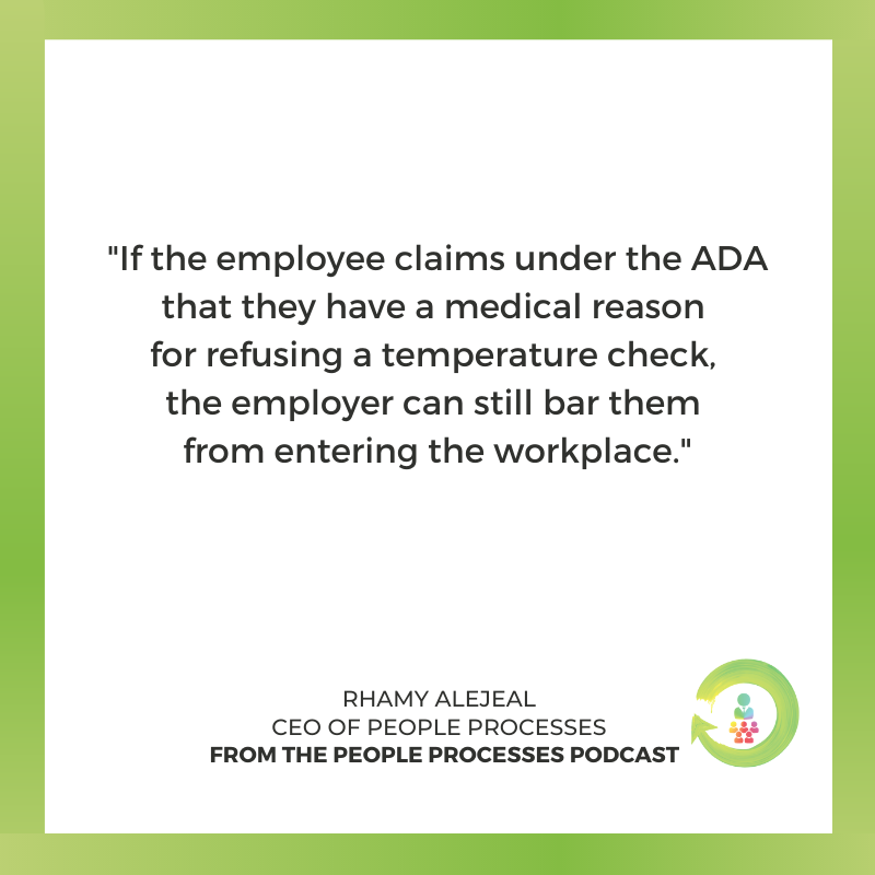 people_process's tweet image. "If the employee claims under the ADA that they have a medical reason for refusing a temperature check, the employer can still bar them from entering the workplace. "

Listen to our podcast now: zcu.io/a1fS 

#COVID19 #PeopleProcesses