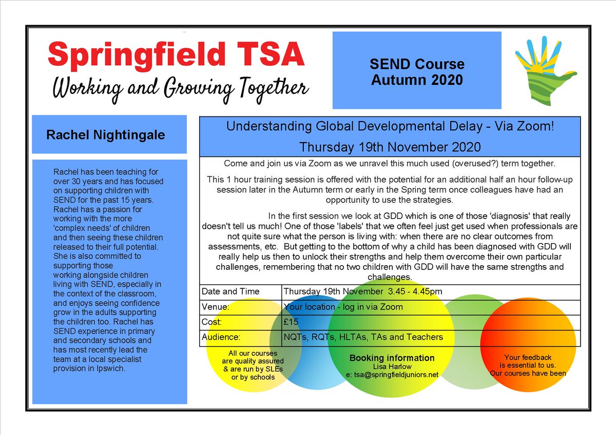 On Thursday 19th November we are holding a dedicated Zoom training session looking at Global Developmental Delay. For further details please see the attached information. To book email TSA@springfieldjuniors.net
#NQT
#TeacherCPD #Teachers #teachertraining