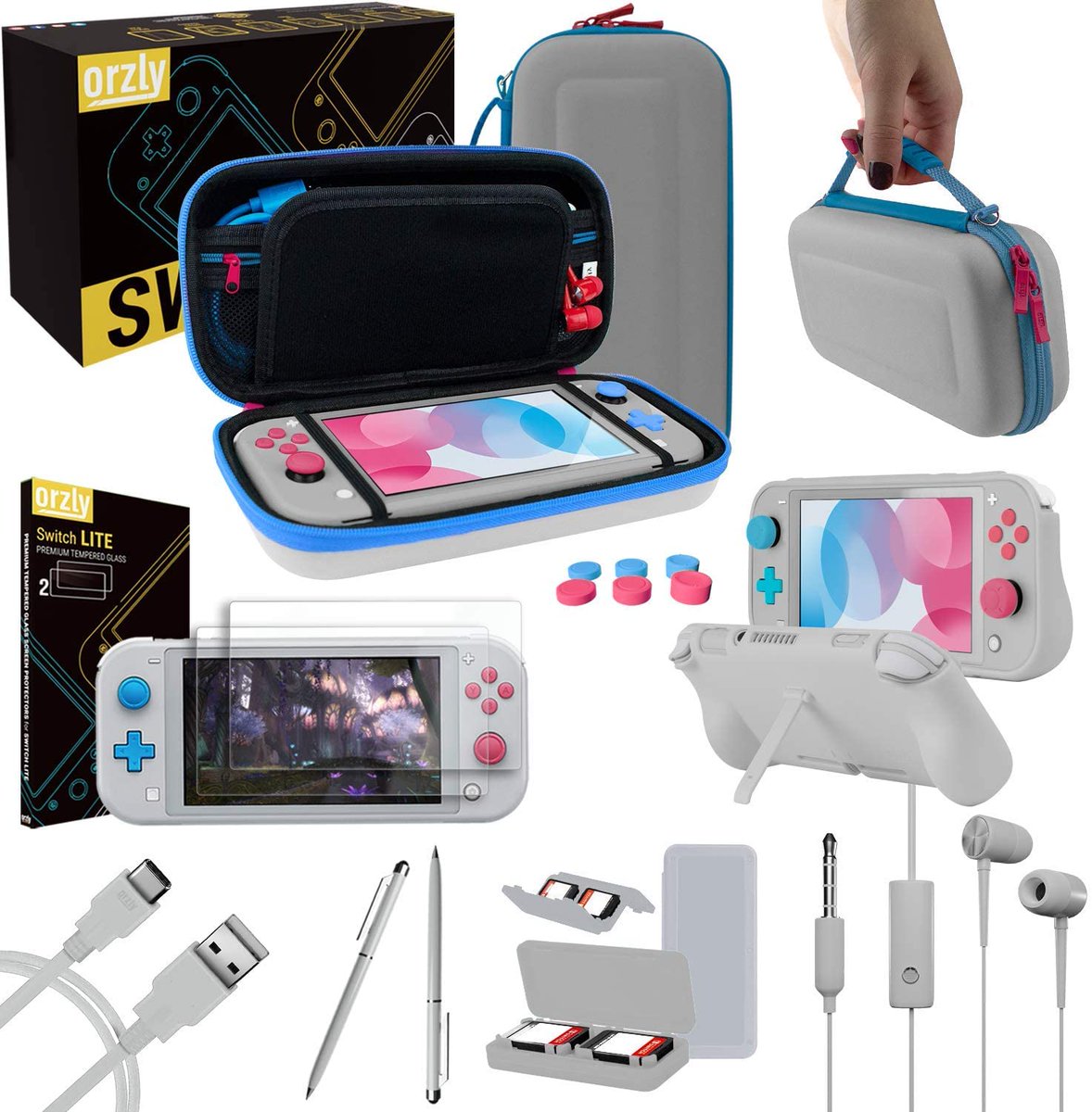 polygondeals's tweet photo. A Switch Lite accessories bundle featuring a travel case, comfort grip case, screen protector, charging cable, earbuds, stylus, and game cartridge holder is on sale for up to 32% off at Amazon (price varies by color) https://t.co/39p9FmBVx9 https://t.co/GGwY06zi37