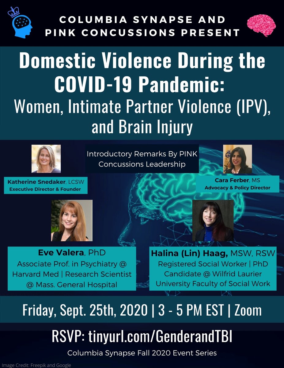 Friday (9/25) at 3:00pm -  Join <a href="/ColumbiaSynapse/">Columbia University Synapse</a> and <a href="/PinkConcussions/">PINK Concussions 🧠</a> for Domestic Violence During the COVID-19 Pandemic: Women, Intimate Partner Violence (IPV) and Brain Injury. RSVP: tinyurl.com/GenderandTBI