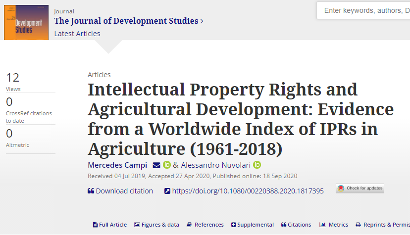 a_peterman's tweet photo. New in #JDevStudies: Campi [@iiep_oficial] &amp; Nuvolari [@ScuolaSantAnna] on global index for Intellectual Property Rights #IPRs 4 plants! 🌱🌲🌽

--> Yearly scores for the period 1961–2018 for 104 countries, #TRIPS &amp; #TRIPSplus driving force behind trends

https://t.co/YA2laoFHlX https://t.co/5RQCjl7wO9