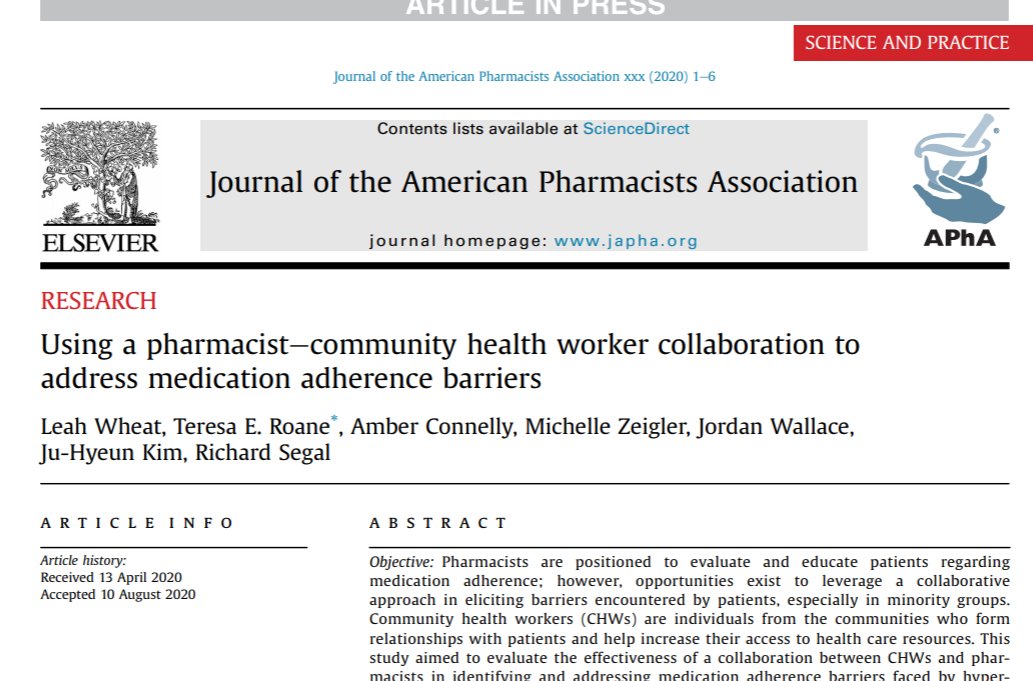 IN PRESS: The authors find a community health workers–pharmacist collaboration pilot program beneficial in targeting and addressing the barriers that patients face in taking medications.

#medicationadherence #interprofessionalcare #pharmacists
japha.org/article/S1544-…