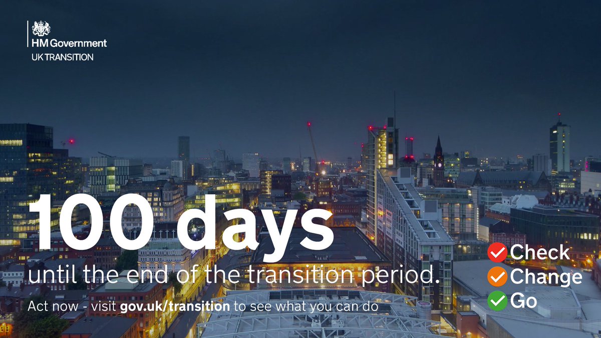 There are just 100 days left until the end of the UK's transition period. As we transition to our new relationship from January 2021 there will be a series of changes and opportunities for individuals &amp; businesses. Find out what you need to do here ➡️ gov.uk/transition