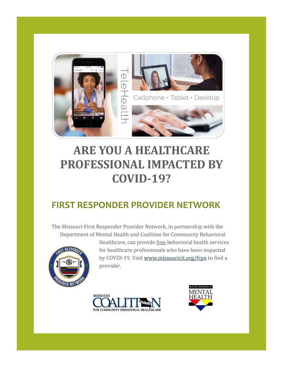 MOCIT4's tweet image. This is a great resource for healthcare providers in Missouri! This is a confidential network of providers that are standing by to help. PLEASE SHARE POST! #mocit