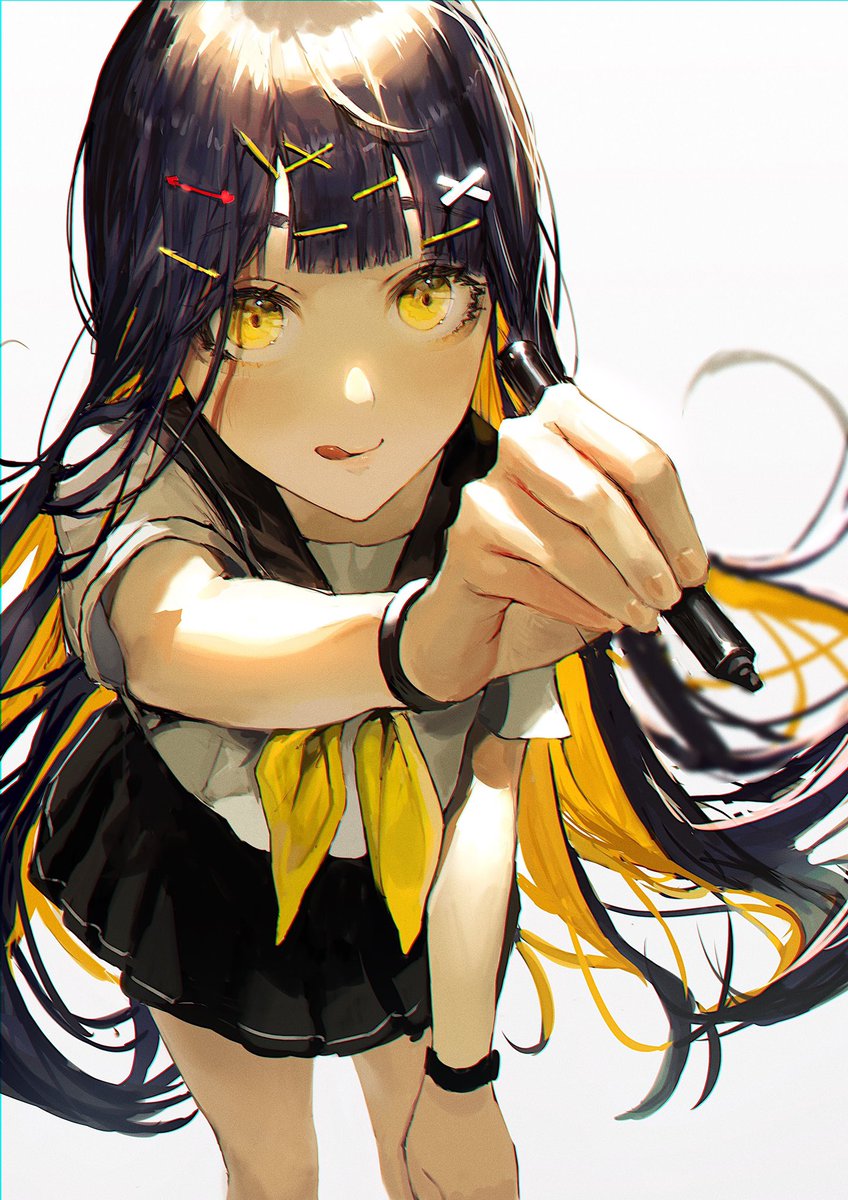 1girl solo tongue hair ornament yellow neckerchief yellow eyes skirt  illustration images