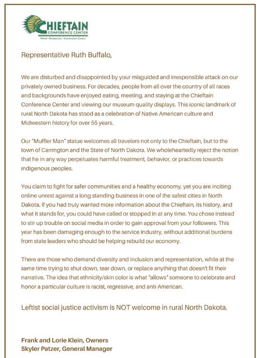 chrisbergpov's tweet image. Rep Ruth Buffalo called on the Chieftan Conference Center to take down their statue of a Native American in Carrington, ND.  

See the Chieftan Conference Center response below and Rep Ruth Buffalo's initial post. 
 
What say you?
