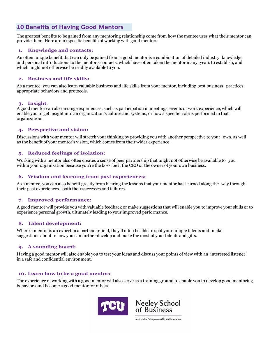TCUEntrepreneur's tweet photo. Mentors can have a profound impact on your future personal and professional success.  The Mentor Program offered by the Entrepreneurship Club at TCU, matches students with top entrepreneurs in the Dallas Fort Worth region.   Students must apply to be selected for this program. https://t.co/qDd1gWjQQH