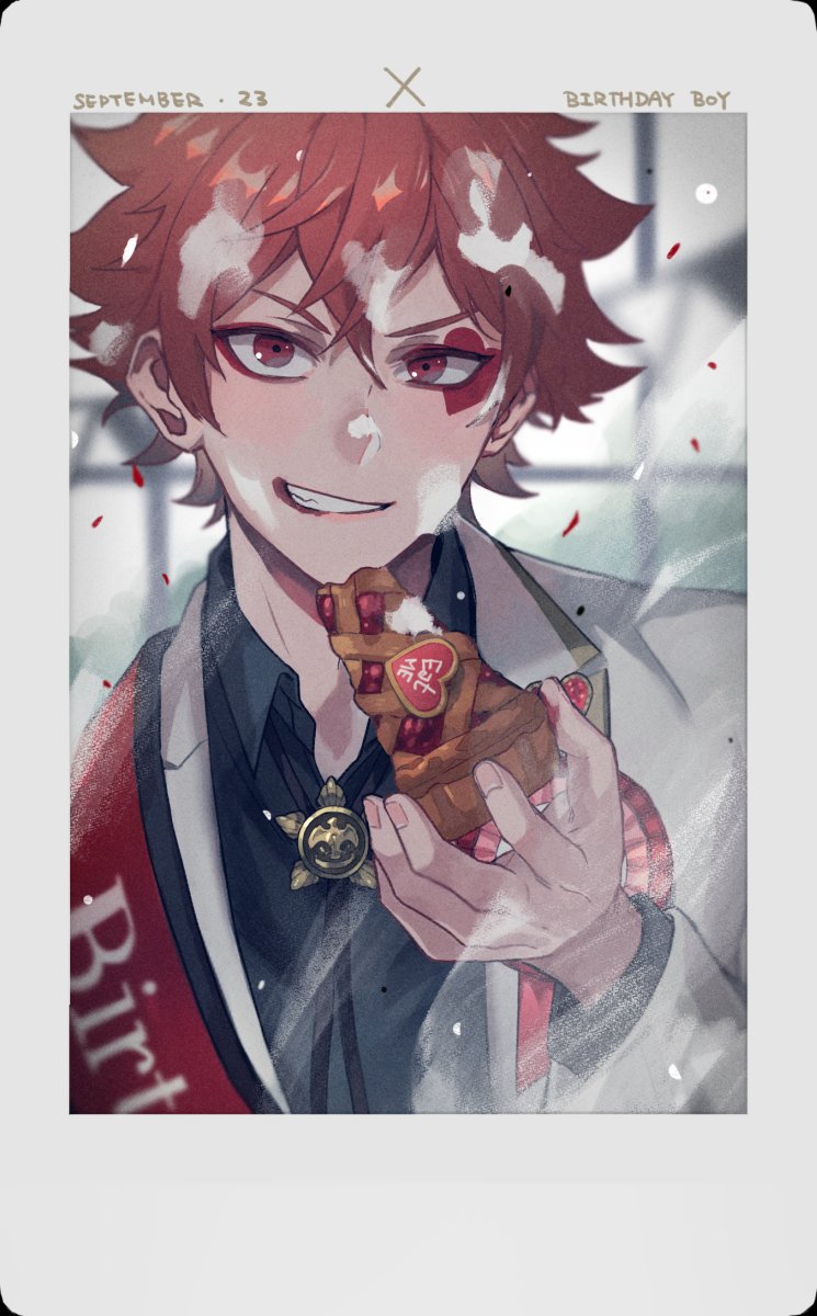 1boy male focus solo red hair food holding food looking at viewer  illustration images