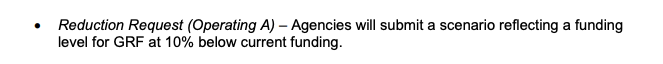 Ohio's Office of Budget and Management is asking for two types of requests, one that includes a 10% reduction in costs, another that's the minimum required to continue offering current services. 15/N https://archives.obm.ohio.gov/Files/Budget_and_Planning/Operating_Budget/Fiscal_Years_2022-2023/Guidance/Operating_Budget_Guidance_FY-2022-23-final.pdf