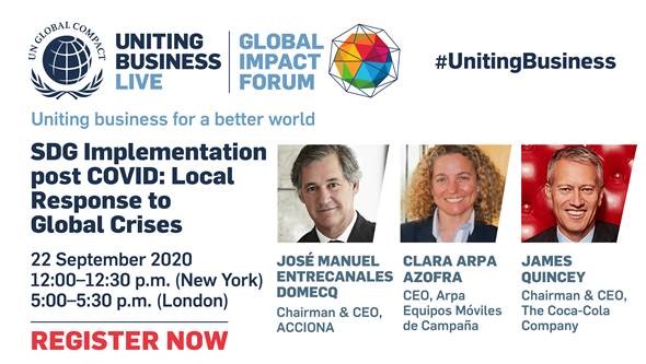 Pacto Mundial de la ONU España (@pactomundial) on Twitter photo 🗓️En una hora dará comienzo la sesión "SDG Implementation post COVID: Local Response to Global Crises" dentro del Global Impact Forum de UN <a href="/globalcompact/">UN Global Compact</a>.
🎙️Con las intervenciones de nuestra presidenta <a href="/claraarpa/">Clara Arpa</a> y José Manuel Entrecanales, CEO de @Acciona.
#UnitingBusiness 🗓️En una hora dará comienzo la sesión "SDG Implementation post COVID: Local Response to Global Crises" dentro del Global Impact Forum de UN <a href="/globalcompact/">UN Global Compact</a>.
🎙️Con las intervenciones de nuestra presidenta <a href="/claraarpa/">Clara Arpa</a> y José Manuel Entrecanales, CEO de @Acciona.
#UnitingBusiness