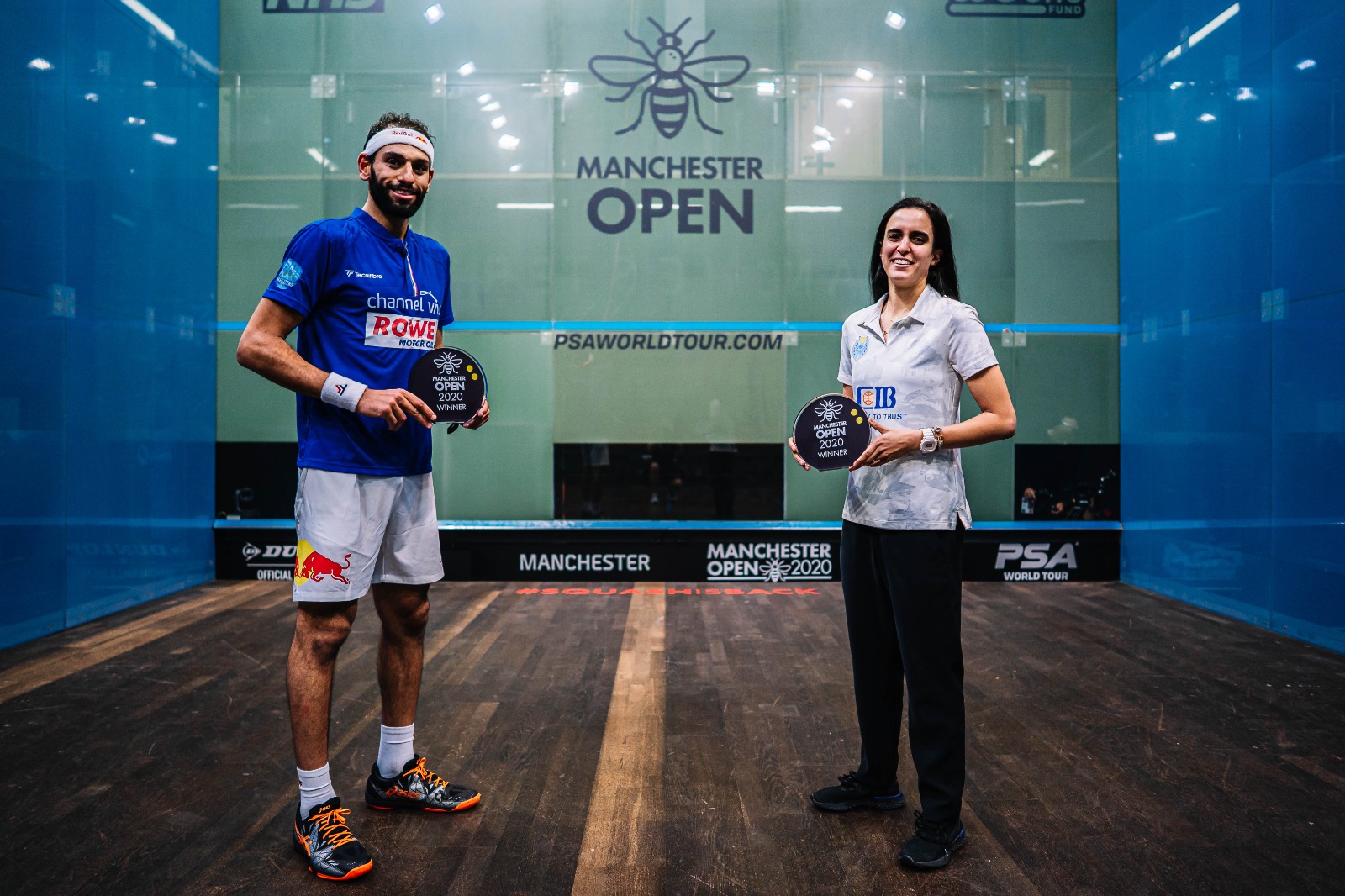 Mohamed ElShorbagy and Nour El Tayeb pose with the 2020 Manchester Open trophies