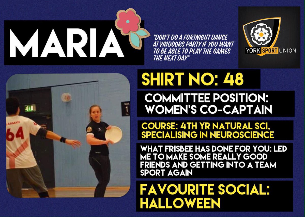 My goodness... a second one already. You know, with all this time reading, you could have spent it playing frisbee 🙂
(although it's a bit tough given the current circumstances)
Time for the other women's co-captain, Maria Walley 😃