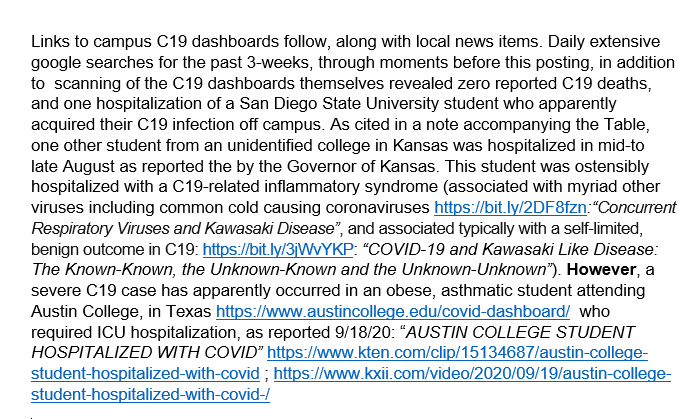 9/22/20 update on C19 among students on campus since August, from 37 U.S. universities: Despite ~48,300 “+ C19 tests” near absence of reported C19 hospitalizations, and zero reported deaths