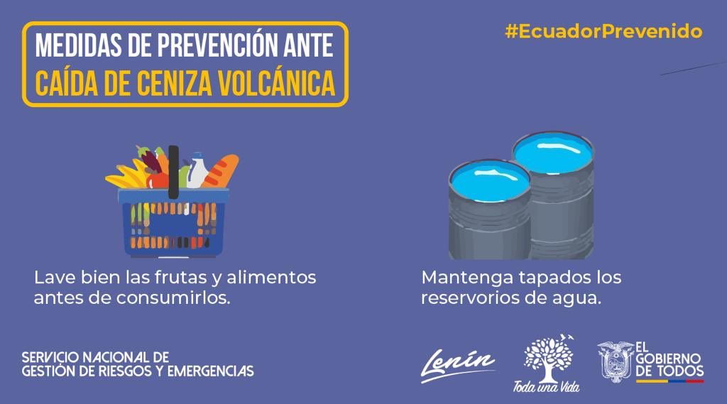 #EcuadorPrevenido | Para evitar afectaciones en la salud, lave bien las frutas y legumbres. También asegúrese que estén tapados correctamente los tanques o reservorios de agua potable.
#Sangay #JuntosEcuador
