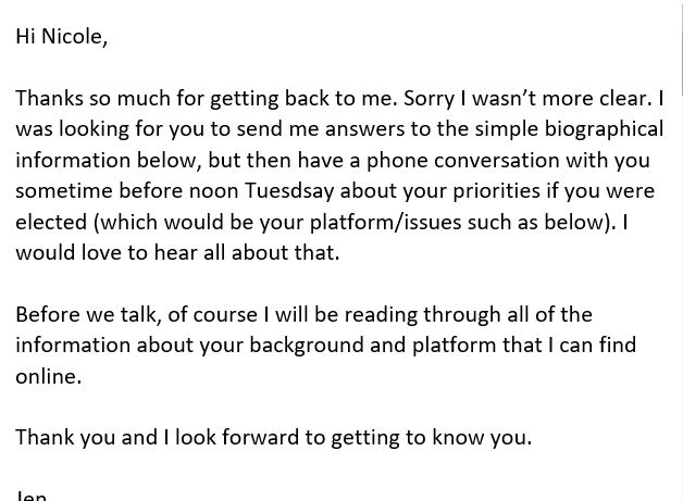 When Nicole wrote me back questioning why I didn't want to hear about her platform, I clarified that I had hoped to get the simple answers back from her in an email but then talk via phone to find out about her platform.