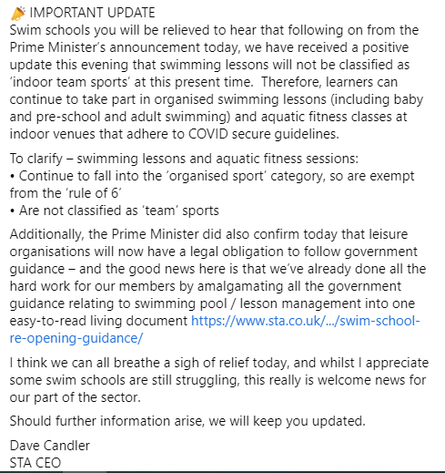 SWSTelford's tweet photo. Great news - we can still get ready for swimming this week  Thank you @STA_HQ https://t.co/IyAP0arXfv