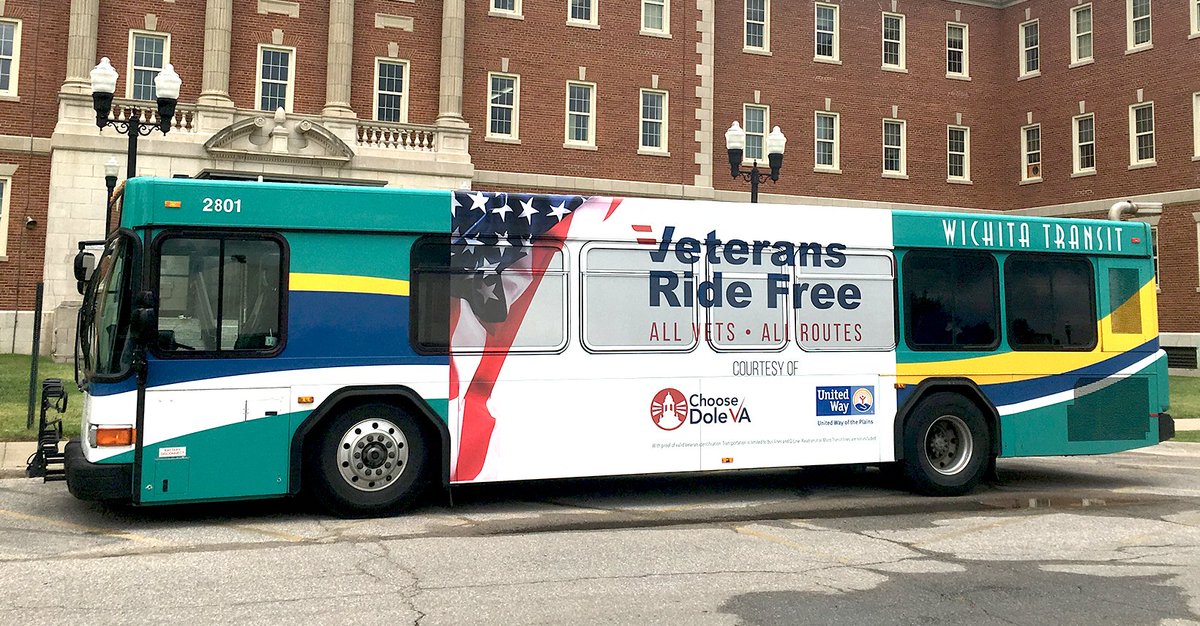 unitedwayplains's tweet photo. Vet’s, get on board...for free! Veterans Ride Free is a new, 2 yr pilot program that gives vets a free ride on any @WichitaTransit bus or Q-line. Just show a valid vet ID when boarding. Thanks to @BankofAmerica for funding the first year of the program.
#ICTUnited #VetsUnited https://t.co/xEFuGtMT0b