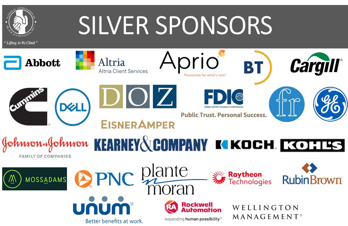 nabasouthern's tweet photo. Thank you to our 2020 #NABAVSC Silver Sponsors! @AltriaNews @AprioAdvisors @Cargill @Dell @FDICgov @frankrimerman @generalelectric @JNJCares @Kearneyandco @KochIndustries @Kohls @Moss_Adams @PNCBank @PlanteMoran @RaytheonTech @RubinBrown @unumnews @ROKAutomation
#liftingasweclimb https://t.co/cMd2Q5qvJU