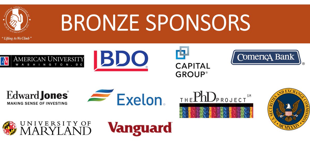 nabasouthern's tweet photo. Thank you to our 2020 #NABAVSC Bronze Sponsors! @CapitalGroup @ComericaBank @EdwardJones @Exelon @ThePhDProject @Vanguard_Group #liftingasweclimb #blackaccountants @NABACentral @NabaEastern @nabawr @NABAInc https://t.co/ph5cRuI4wR