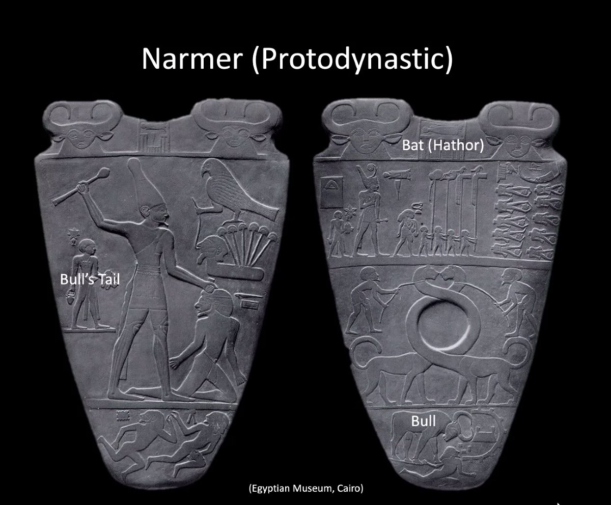 Frankfort argued that Egypt shared relationships with other East African cultures (cattle complex, similar to the Dinka). Seen in bull's tail on Narmer palette and cow dancing