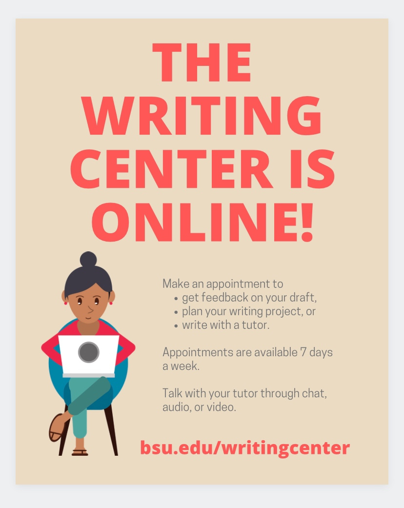 bsuwrites's tweet image. From brainstorming 🧠 writing topics to polishing your citations ✍🏽, The Writing Center at Ball State has the feedback for you!