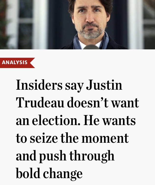 Ironically, a few weeks earlier, Liberal sources were peddling the line that Trudeau was determined to use the “once in a century opportunity” created by the pandemic to “roll out bigger, bolder changes”, an opportunity supposedly slipping away because of the WE scandal fallout.