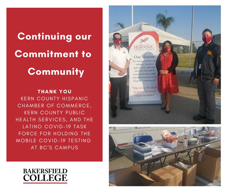 Free COVID-19 testing is available today at BC's Panorama campus until 6:00pm at the corner of University and Haley St. Walk-ups will be accepted, but pre-registration preferred. Register at doineedacovid19test.com  TY <a href="/KC_HispChamber/">KC Hispanic Chamber</a>  <a href="/KCPublicHealth/">Kern Public Health</a> #KernCoLatinoCovidTaskForce