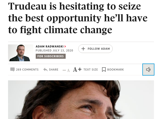 “Hesitating” did interesting work in this July headline, implying that Trudeau is some activist Hamlet unable to rise to his true purpose. It's a subtle propaganda: he might buy pipelines and dish billions to Big Oil, but he’s still a green champion...in his heart of hearts.