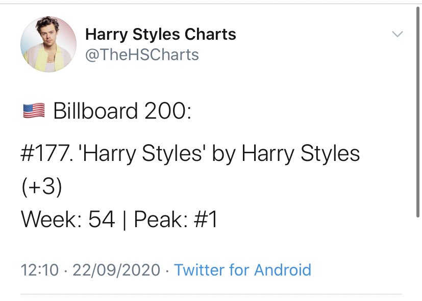 -Harry reached a new peak on Spotify and is the #16 most listened artist in the world right now.-“Adore You” stays #18 on the billboard 100 chart, has been in the top 20 for 31 weeks.-“Harry Styles” is charting on the Billboard 200 at #177, over 3 years after its release.