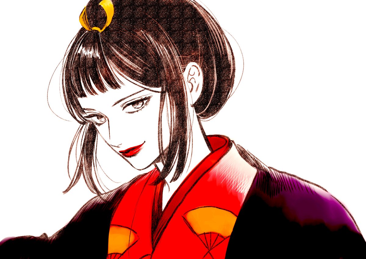 solo 1girl japanese clothes lipstick makeup kimono black hair  illustration images
