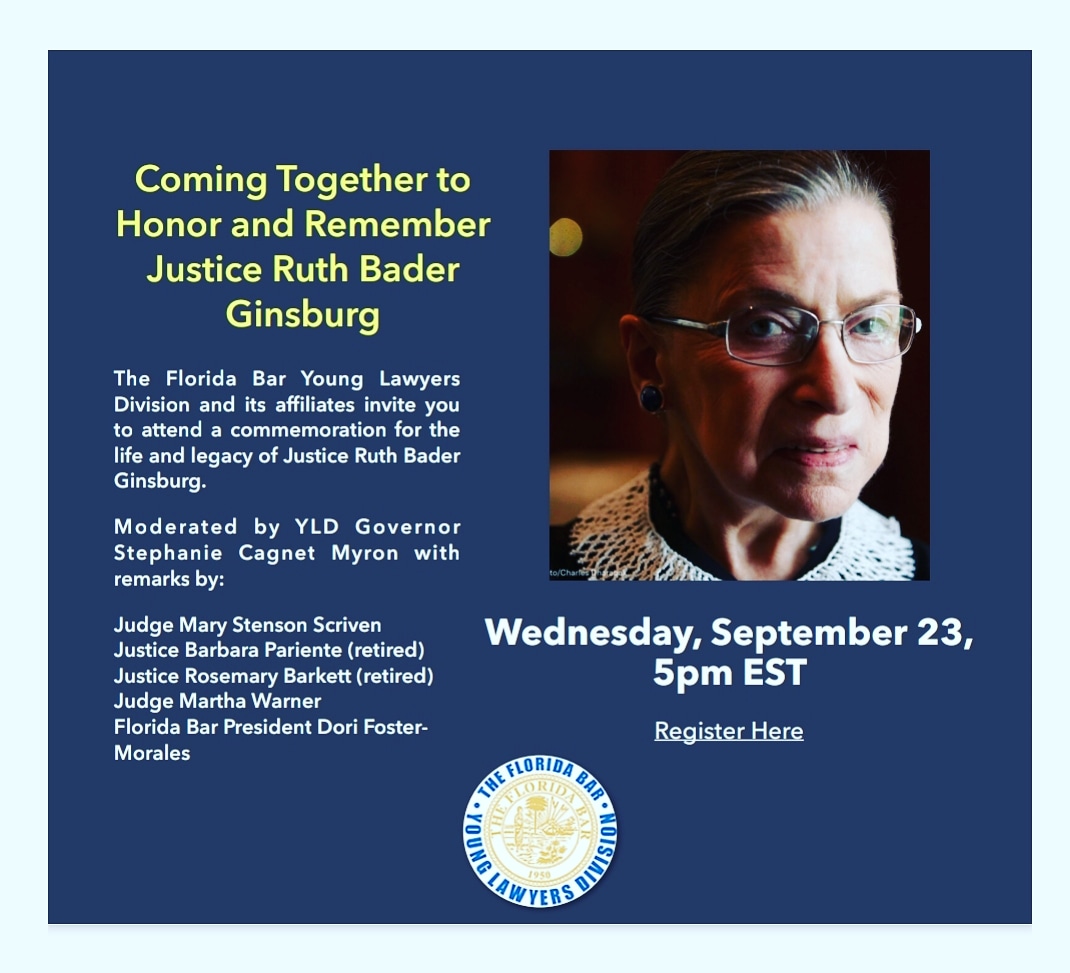 FlaBarYLD's tweet photo. Zero caption or explanation needed.

Please join us Wednesday at 5 pm to remember and celebrate a legal icon. 👩‍⚖️

https://t.co/yEnqdvGfPk

#RBG #Ruth #RuthBaderGinsburg #Law #Lawyers #Legal #Justice #SupremeCourt #UnitedStates #LegalLegend #FlaYLD https://t.co/JE01NcsKLe