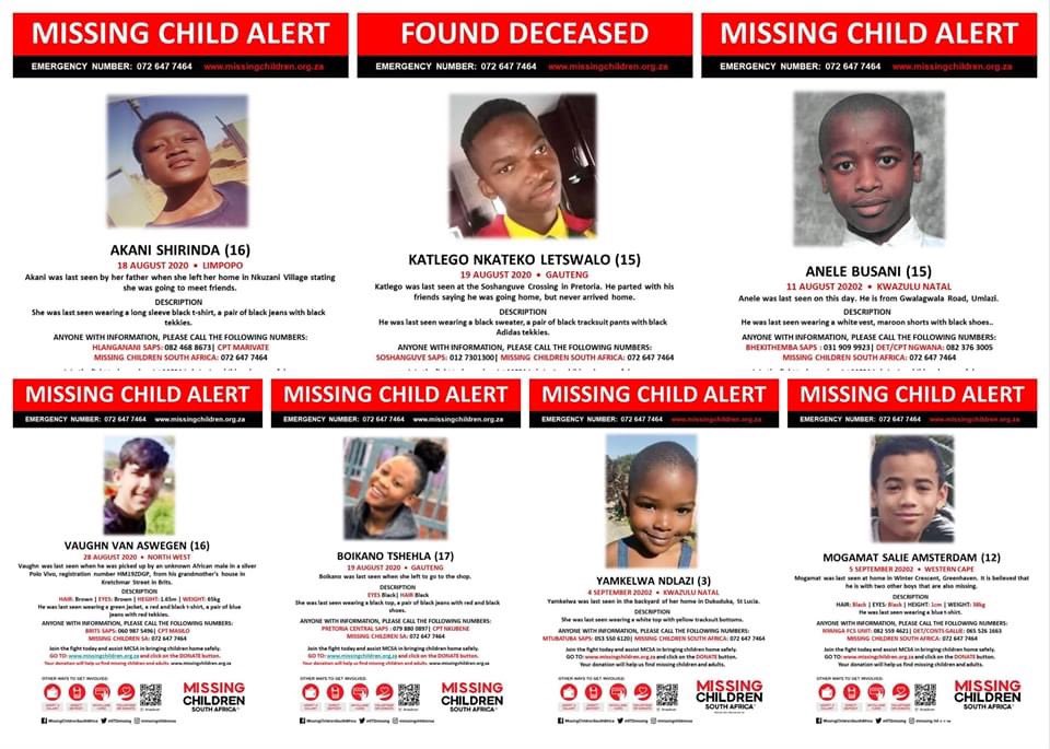 <a href="/SAfmRadio/">SAfmRadio 📻</a> <a href="/PhemeloMotene/">Phemelo Motene</a> <a href="/StellenboschUni/">Stellenbosch University</a> Just some of the #MissingChildren the last few weeks, with two found deceased 😢 and TEN FOUND SAFELY 🙏

As a non-profit organisation, we are desperate for funding, to continue finding the children that go missing daily in South Africa. 

#WhoWillComeToTheRescueOfOurChildren 🙏