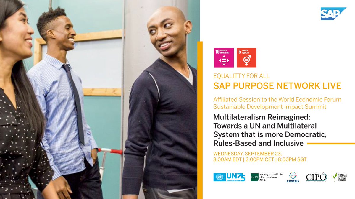 JoinUN75's tweet image. Join #UN75, @wef and @nupinytt  tomorrow for an #SAPPurposeNetwork LIVE multi-stakeholder discussion with the private sector, academia, the @UN, #youth &amp;amp; civil society on how stakeholders can keep #ShapingOurFuture together.

📅 Sep 23
⏰ 8AM EST
🔗bit.ly/2ZZyYyO