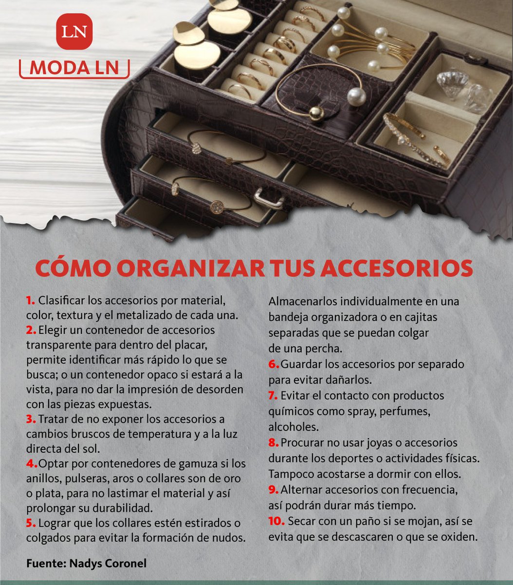 LaNacionPy's tweet photo. #ModaLN. La asesora @nadyscoronel nos explica cómo organizar nuestros accesorios, un buen orden es importante en todos los aspectos. 💍📿

#LeéLN: https://t.co/Zzr5QX3igV 👩🏽‍💻👨🏽‍💻 https://t.co/iaCcLolU3C