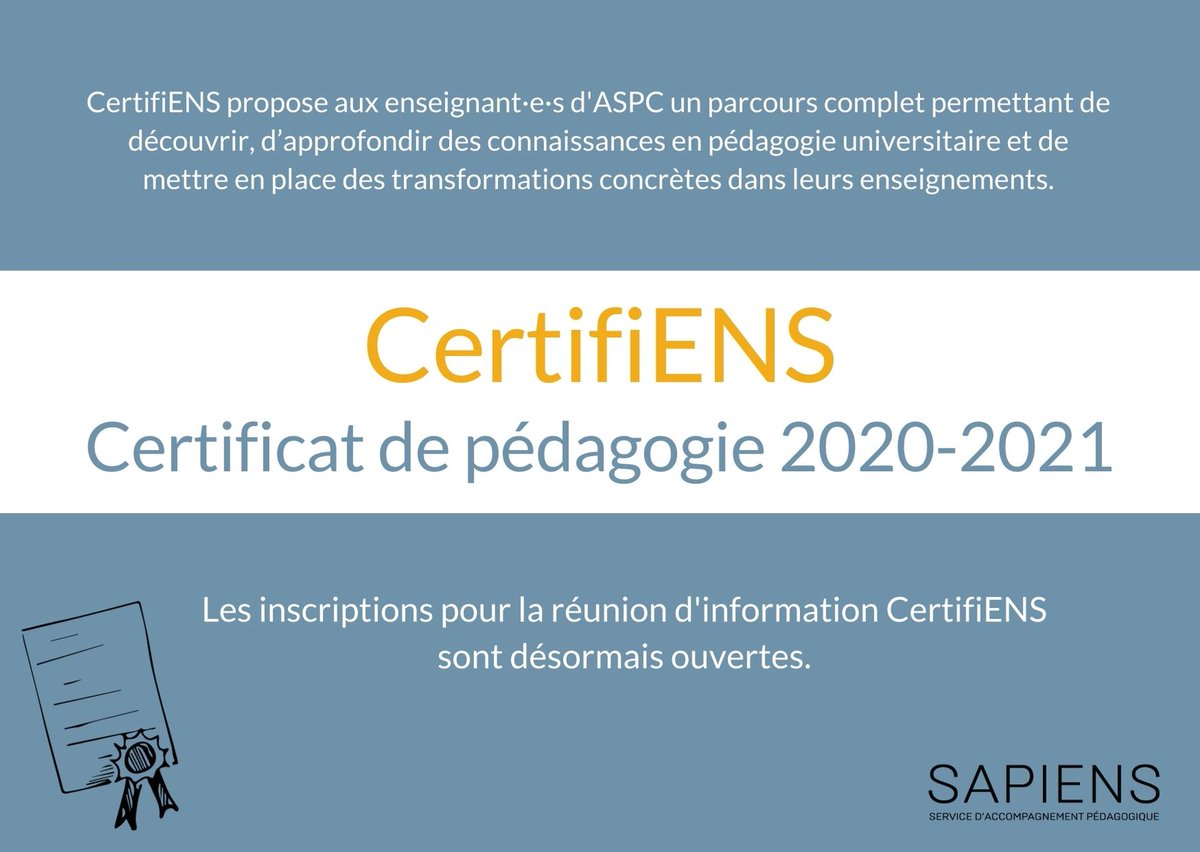 Venez nombreux à la réunion d'information pour le lancement de la 4e promotion CertifiENS, le certificat de pédagogie pour les enseignants du supérieur d'ASPC @Univ_Paris <a href="/EnsaPvds/">ENSA ParisValdeSeine</a> <a href="/Inalco/">Inalco</a> <a href="/univ_spn/">Université Sorbonne Paris Nord</a> <a href="/criparis/">criparis</a> 

Pour s'inscrire : linscription.com/pro/activite.p…