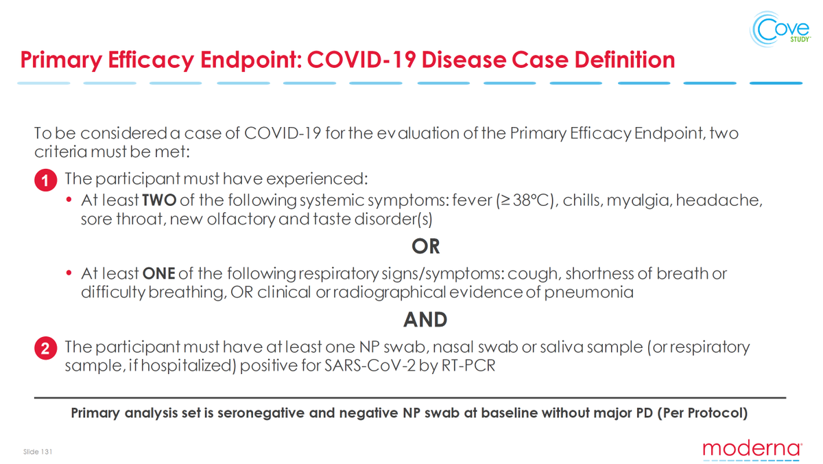 this is the standard being used for a covid case in the moderna vaccine trialnote that a +PCR test is NOT sufficientalso requires 2 of the general symptoms or 1 specificit's clear scientists and FDA know that PCR alone is not a "case" confirmation.why don't politicians?