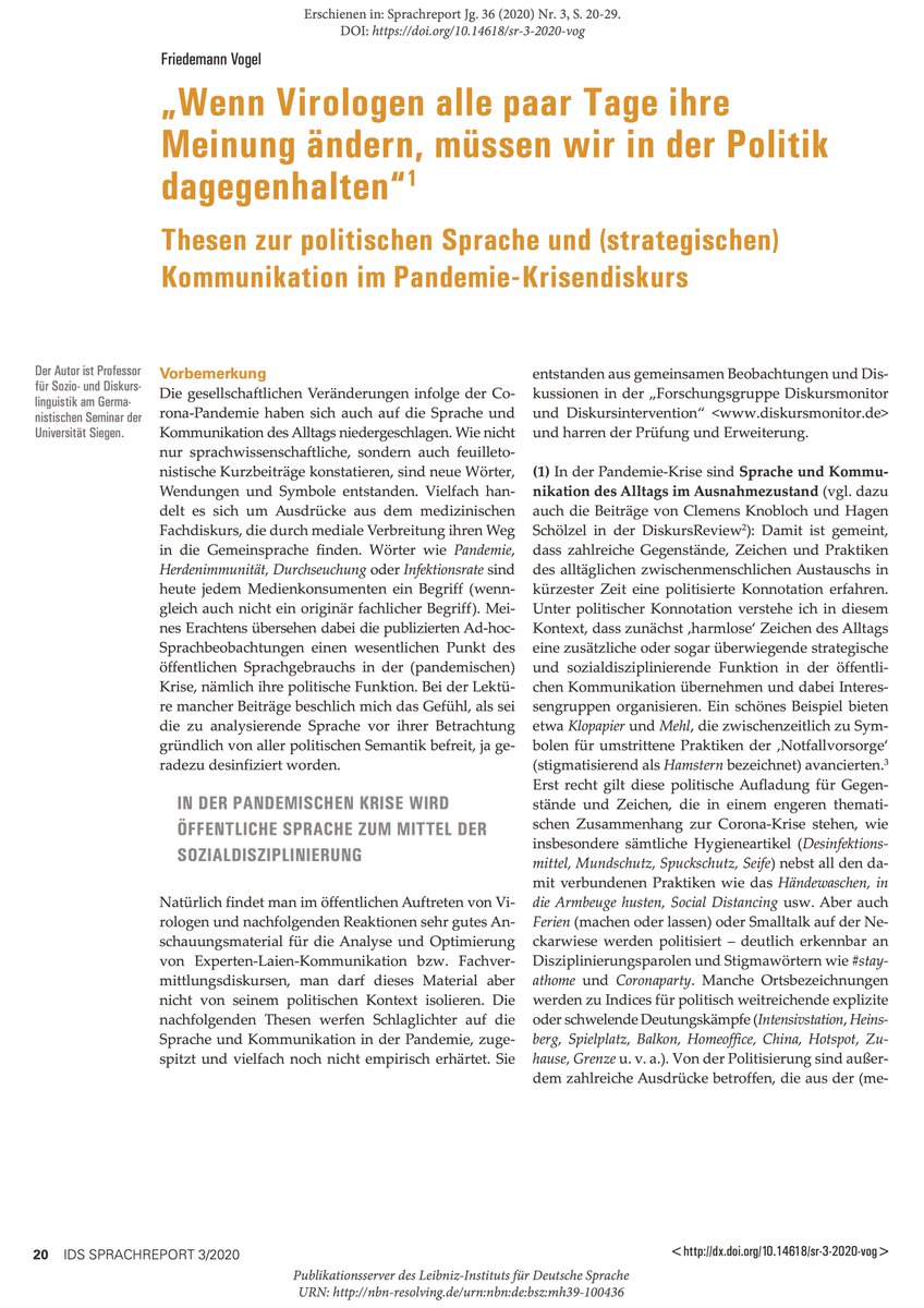 #Corona prägt unsere alltägl. &amp; öffentl. #Sprache &amp; #Kommunikation seit ca. 6 Monaten. Sind diese im Ausnahmezustand? Friedemann Vogel (<a href="/UniSiegen/">Universität Siegen</a>) hinterfragt die polit. Funktion des öffentl. Sprachgebrauchs im Pandemie-Krisendiskurs. <a href="/diskursmonitor/">diskursmonitor</a> ids-pub.bsz-bw.de/frontdoor/deli….
