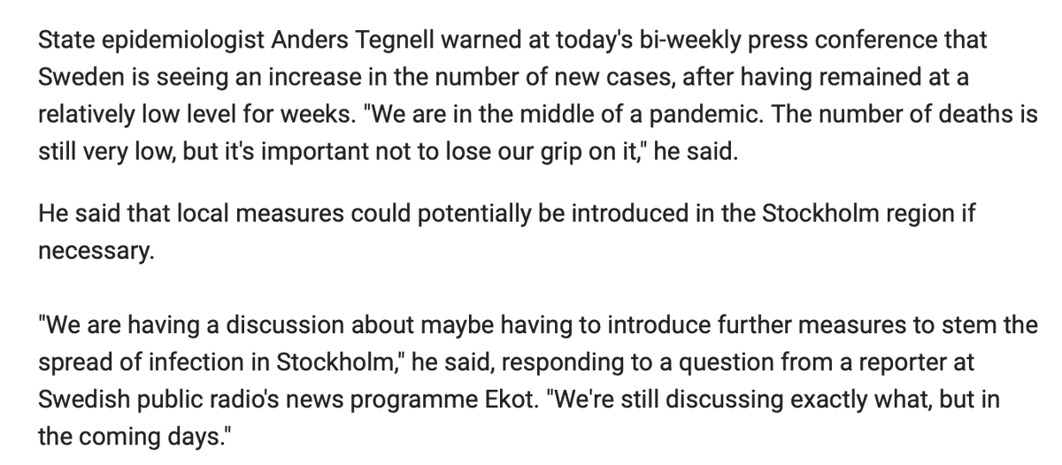 When you actually follow developments in Sweden you realise just how much YouTube grifters are conning their audience. Right now they are telling them Stockholm has herd immunity even when Tegnell is warning that Stockholm may have to introduce additional measures. via The Local