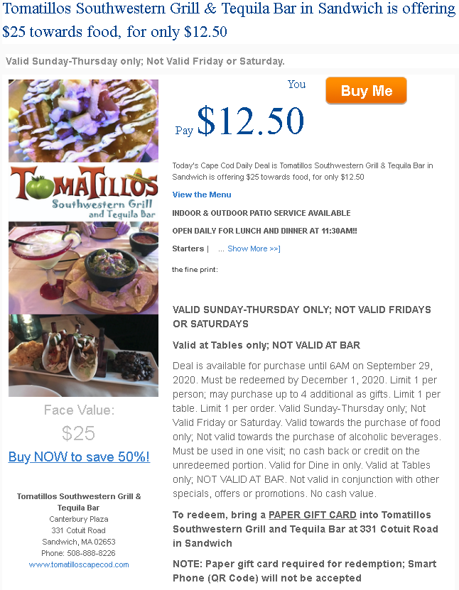 CapeCodEateries's tweet photo. Tomatillos Southwestern Grill &amp; Tequila Bar in Sandwich is offering $25 towards food, for only $12.50!!

You can buy this deal here: https://t.co/DCpM2jSczM

If you'd like your restaurant deal to appear on https://t.co/xOquqExphi, just message us through Facebook for info. https://t.co/cZ7jeJEjex
