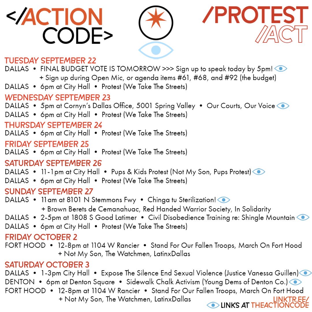 theactioncode's tweet image. 9/22 + Upcoming

*IMPORTANT
Dallas Final Budget Vote is tomorrow! To speak, you must sign up today by 5pm. 

It’s recommended you sign up for one of the following:
+Open Mic
+ #61 
+ #68
+ #92 (budget)

Link to sign up here: linktr.ee/theactioncode