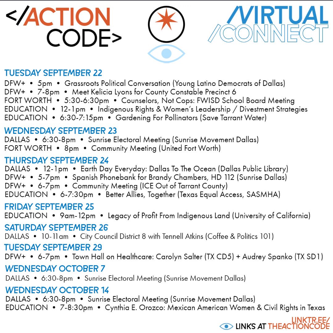 theactioncode's tweet image. 9/22 + Upcoming

*IMPORTANT
Dallas Final Budget Vote is tomorrow! To speak, you must sign up today by 5pm. 

It’s recommended you sign up for one of the following:
+Open Mic
+ #61 
+ #68
+ #92 (budget)

Link to sign up here: linktr.ee/theactioncode