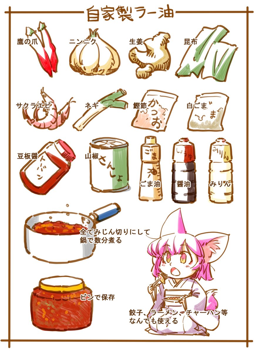 【レシピ:自家製ラー油】うちの常備調味料の自家製ラー油です。ぼんやり描いたのであとで見直すけど、大体こんな感じ。
#レシピ #狐娘 #ラー油