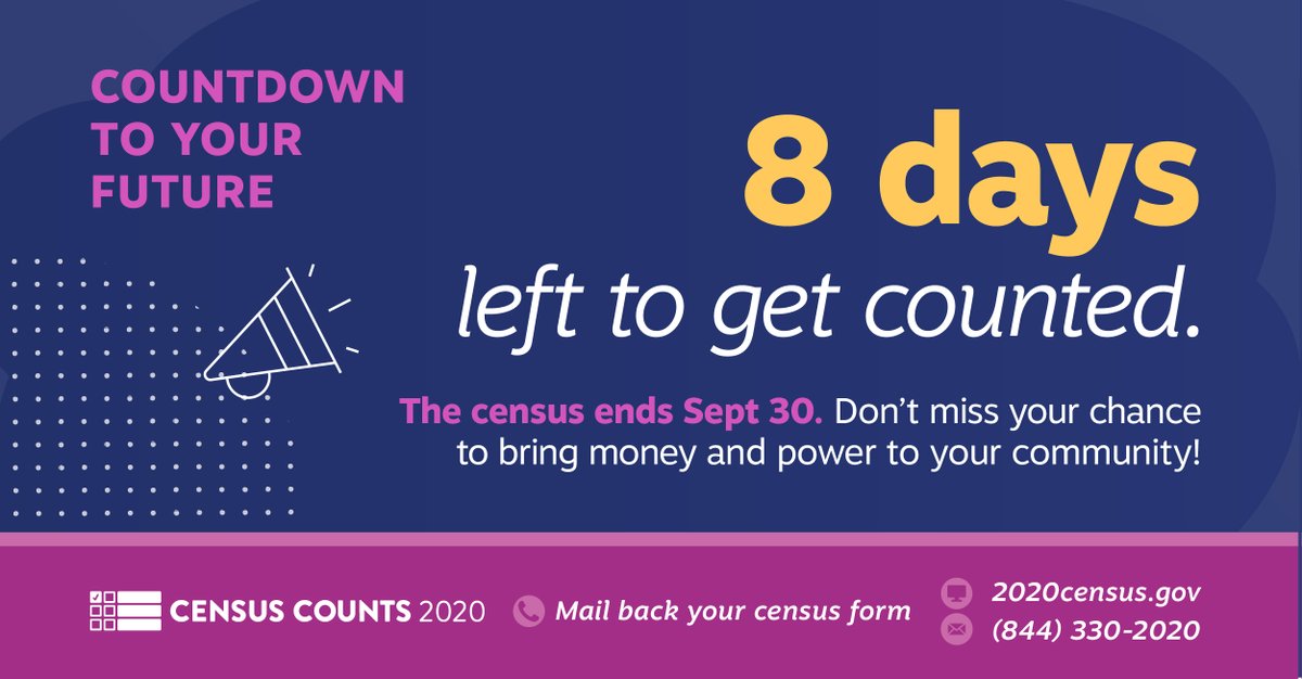 Don't miss your chance to bring money and power to YOUR community.

Fill out the #2020Census today by mailing back your census form, calling 844-330-2020, or visiting 2020Census.gov.