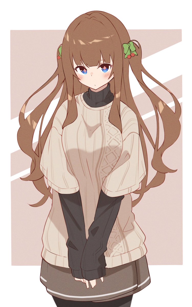 1girl solo blue eyes brown hair sweater long hair pantyhose  illustration images